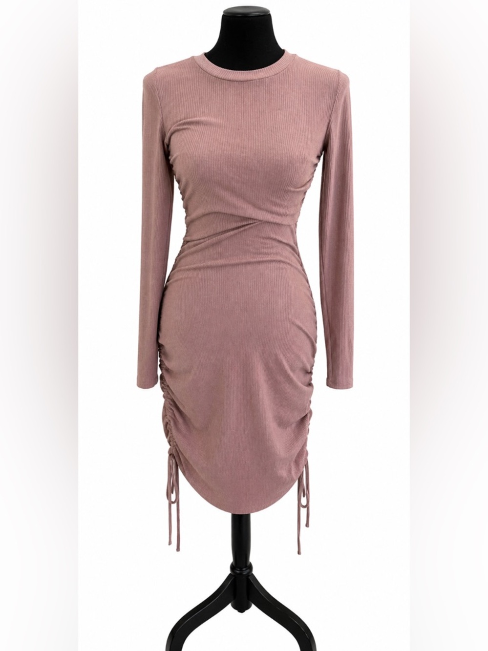 Love Tree Dusty Mauve Ribbed Long Sleeve Ruched Bodycon Dress